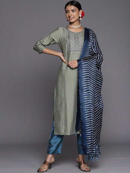 Indyancart VA Women's Green & Navy Blue Floral Embroidered Kurta with Trousers & Dupatta