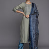 Indyancart VA Women's Green & Navy Blue Floral Embroidered Kurta with Trousers & Dupatta