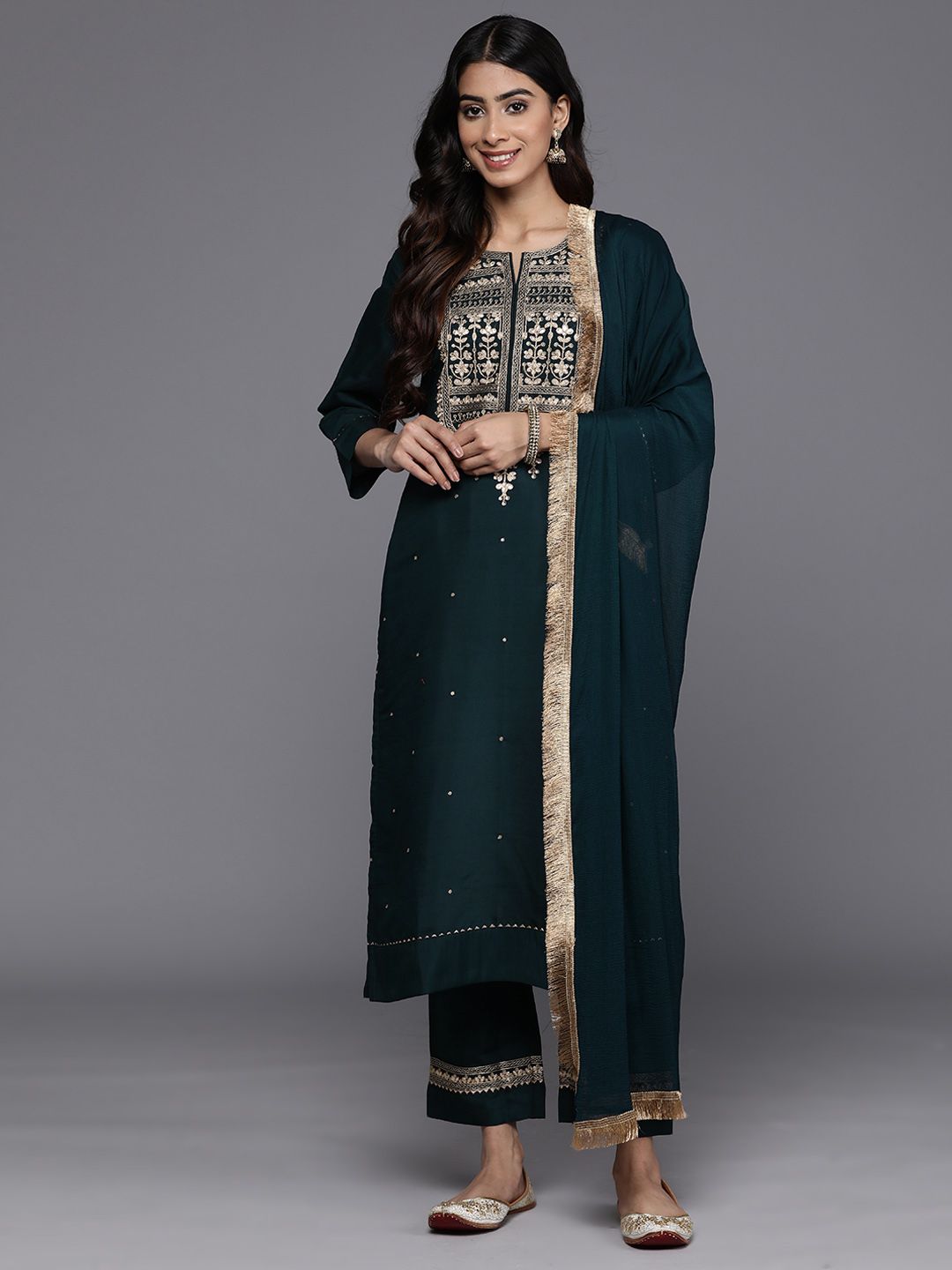 Indyancart VA Women'sFloral Yoke Design Regular Kurta with Trousers & With Dupatta