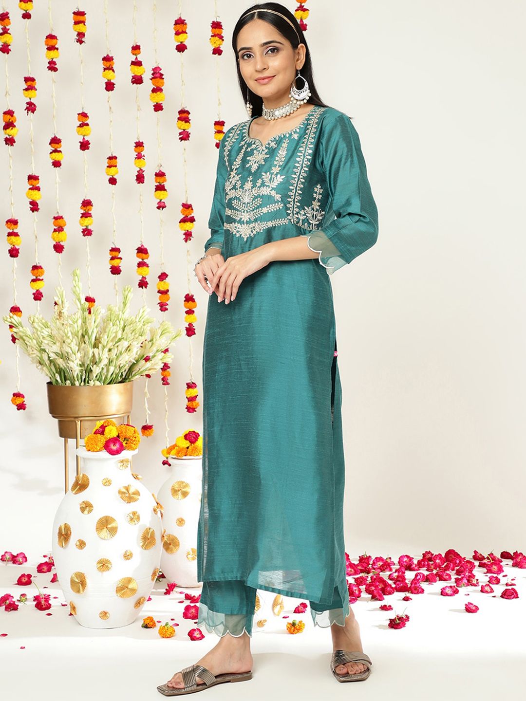 Indyancart VA Women'sEthnic Motifs Yoke Design A-Line Kurta With Trousers & Dupatta