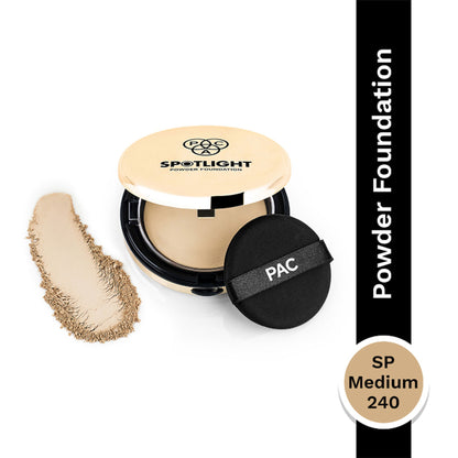 PAC Spotlight Powder Foundation - Soft Focus Base, Full Coverage, Smooth One stroke Application - SP Medium 240