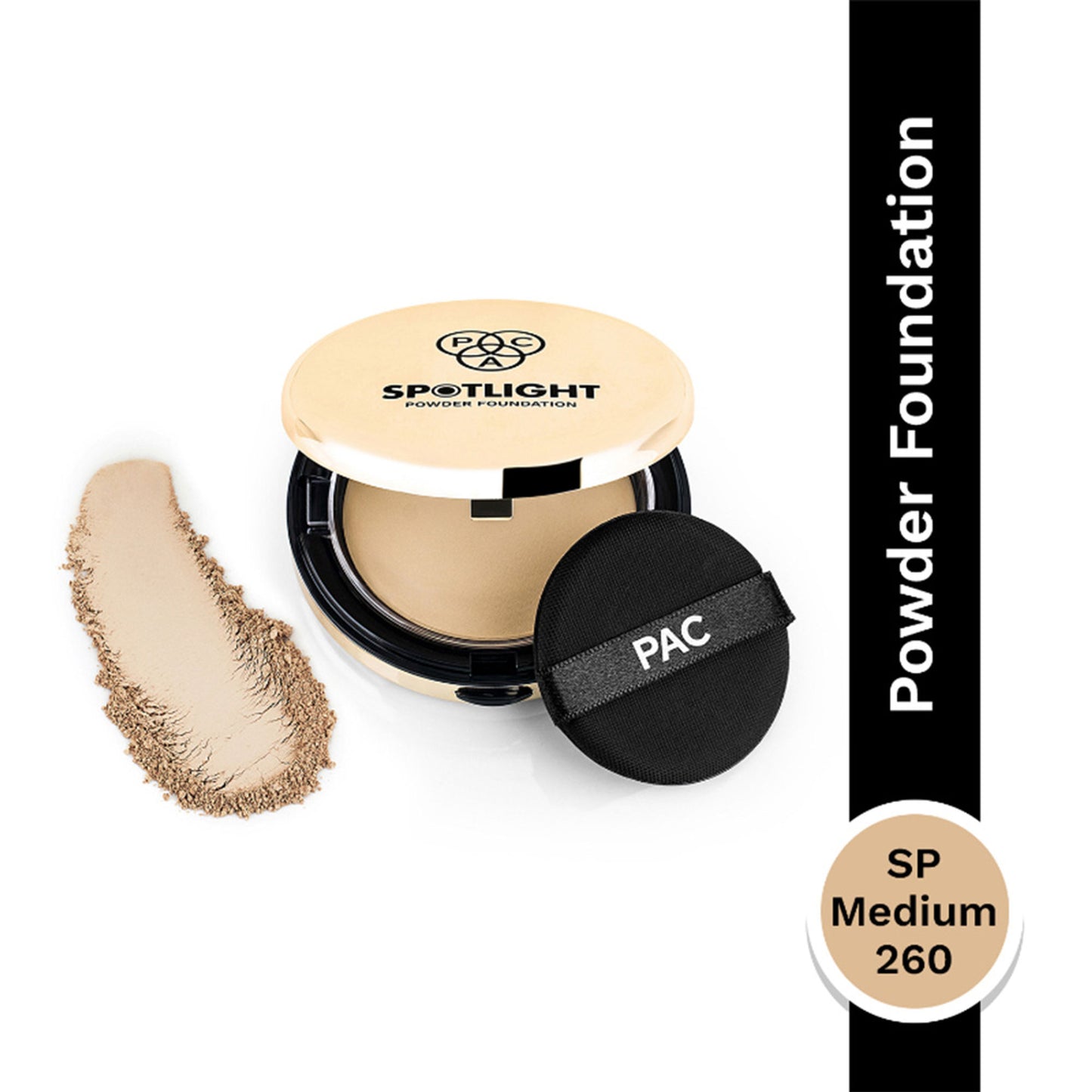 PAC Spotlight Powder Foundation - Soft Focus Base, Full Coverage, Smooth One stroke Application - SP Medium 260