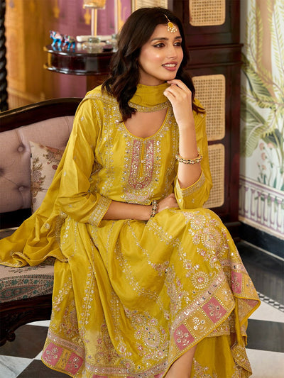 Indyancart IE Floral Embroidered Mirror Work Round Neck Anarkali Kurta With Palazzos & Dupatta
