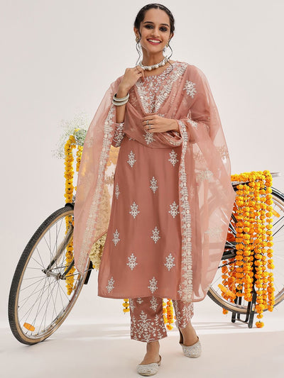 Indyancart VA Women'sEthnic Motifs Embroidered Thread Work Pure Cotton Kurta & Trousers With Dupatta