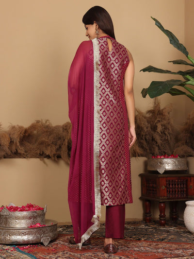 Indyancart VA Women's Brocade Princess cut A Line Halter Neck Kurta with Trouser & Dupatta