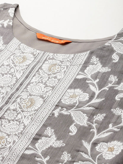 Dhiyona IE Floral Jacquard Chanderi Cotton Kurta With Trousers & Dupatta