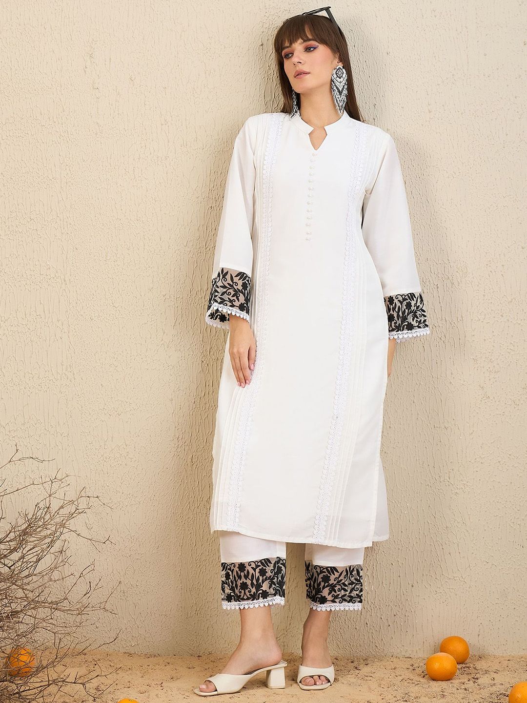 Indyancart IE Mandarin Collar Straight Tunic With Trousers