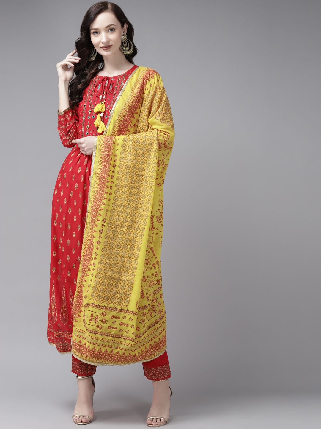 Indyancart IE Women Red Ethnic Motifs Printed Panelled Mirror Work Kurta with Trousers & With Dupatta