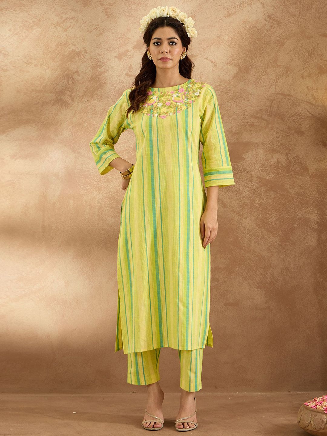 Indyancart IE Striped V-Neck Pure Cotton Tunic With Trouser
