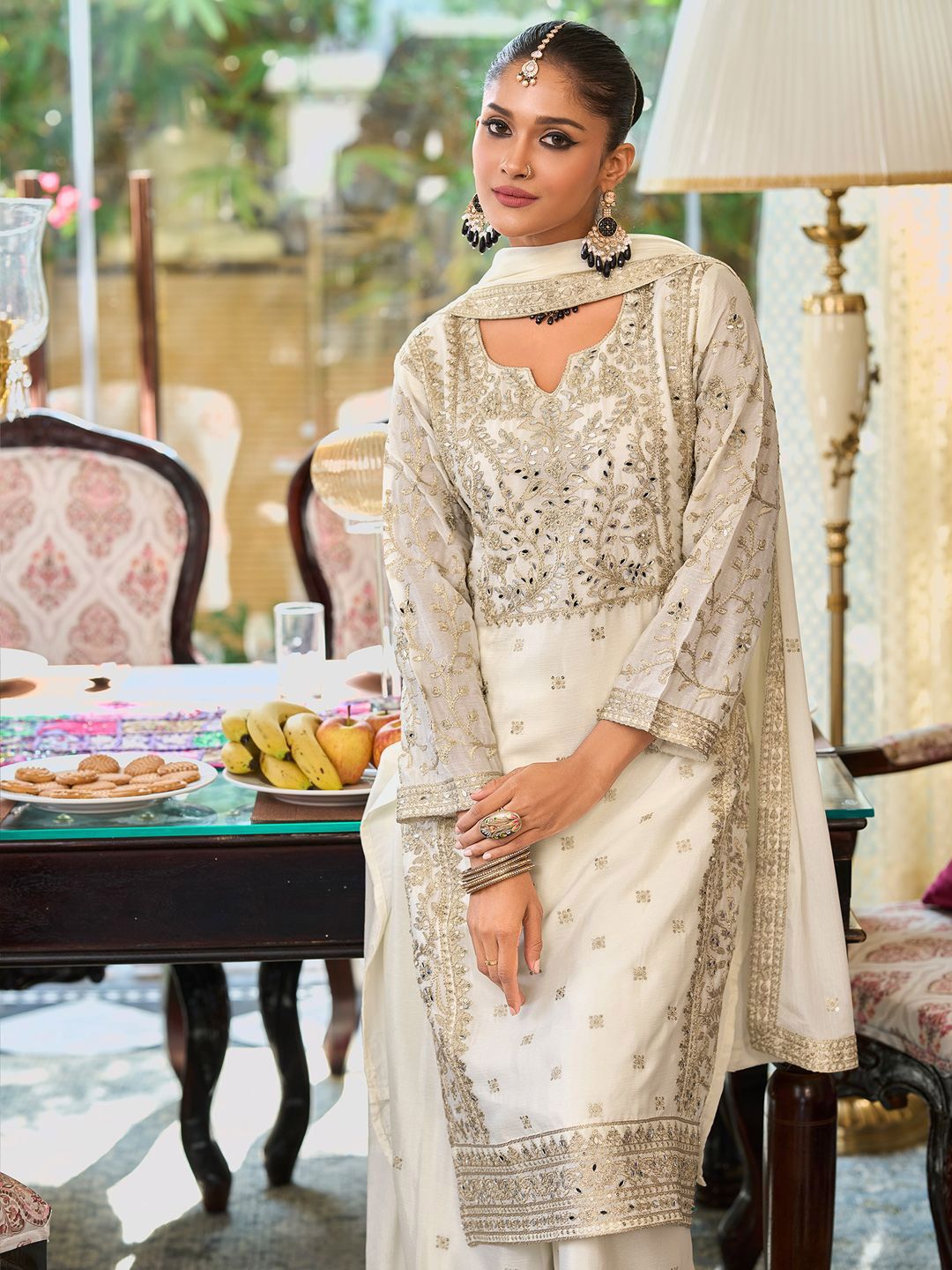Indyancart IE Floral Embroidered Notch Neck Mirror Work Straight Kurta With Palazzos & Dupatta