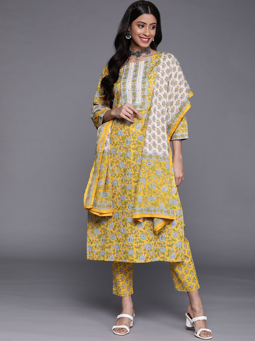 Indyancart VA Women's Yellow Floral Printed Pure Cotton Kurta with Trousers & With Dupatta