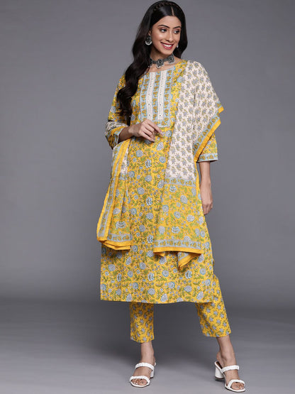 Indyancart VA Women's Yellow Floral Printed Pure Cotton Kurta with Trousers & With Dupatta