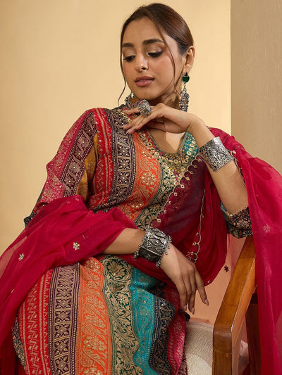 Indyancart IE Women Ethnic Motifs Embroidered Thread Work Kurta with Palazzos & With Dupatta