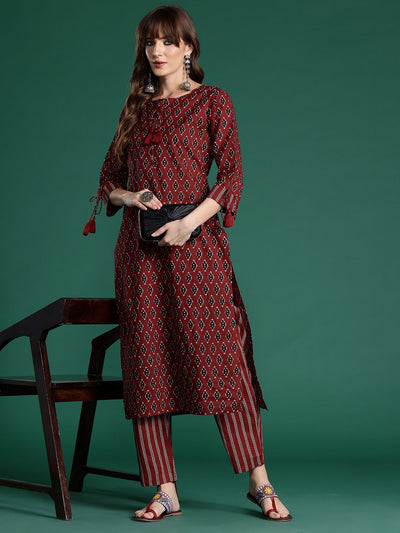 Indyancart IE Ethnic Motifs Printed Pure Cotton Kurta with Trousers