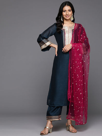 Indyancart VA Yoke Design Sequinned Kurta with Palazzos & With Dupatta