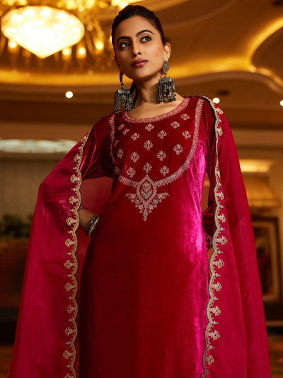 Dhiyona IE Women Ethnic Motifs Embroidered Regular Velvet Kurta with Trousers & With Dupatta