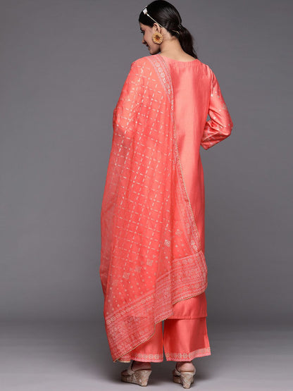 Indyancart IE Women Orange Ethnic Motifs Printed Liva Kurta with Trousers & With Dupatta