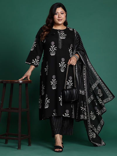 Indyancart IE Plus Size Floral Printed Sequinned Pure Cotton Kurta with Trousers & With Dupatta