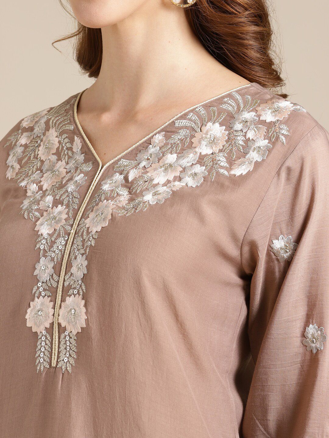 Indyancart VA Women's Beige Floral Embroidered Kurta with Trousers & With Dupatta