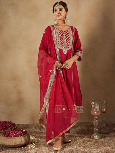 Dhiyona IE Women Ethnic Motifs Embroidered Panelled Kurta with Trousers & With Dupatta