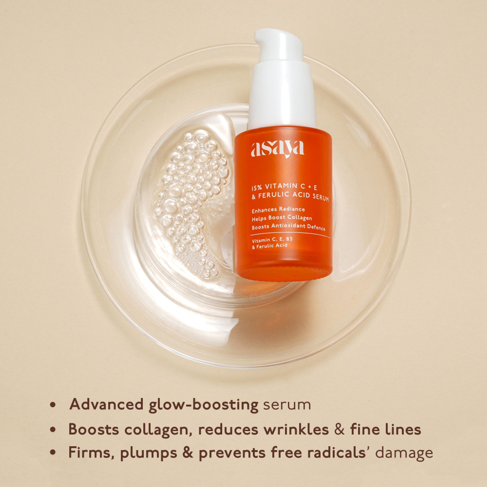 Asaya 15% Vitamin C + E Serum For Face With Ferulic Acid Lightweight Face Serum For Glowing Skin