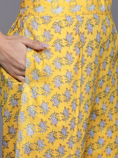 Indyancart VA Women's Yellow Floral Printed Pure Cotton Kurta with Trousers & With Dupatta
