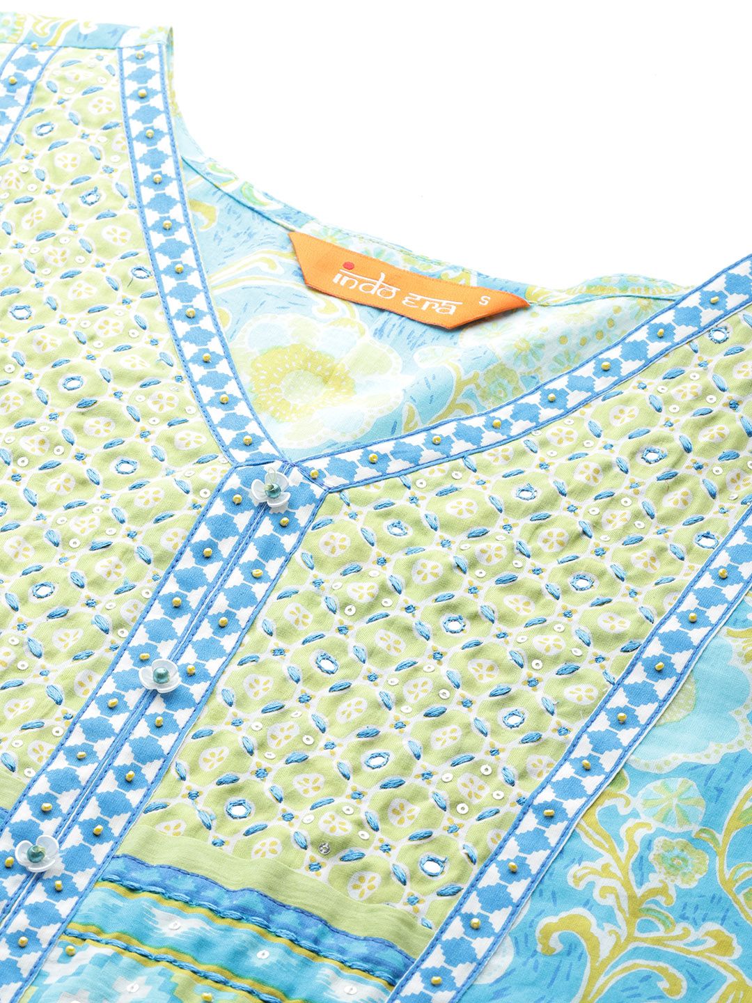 Floral Printed Mirror Work Pure Cotton Kurta with Trousers & Dupatta