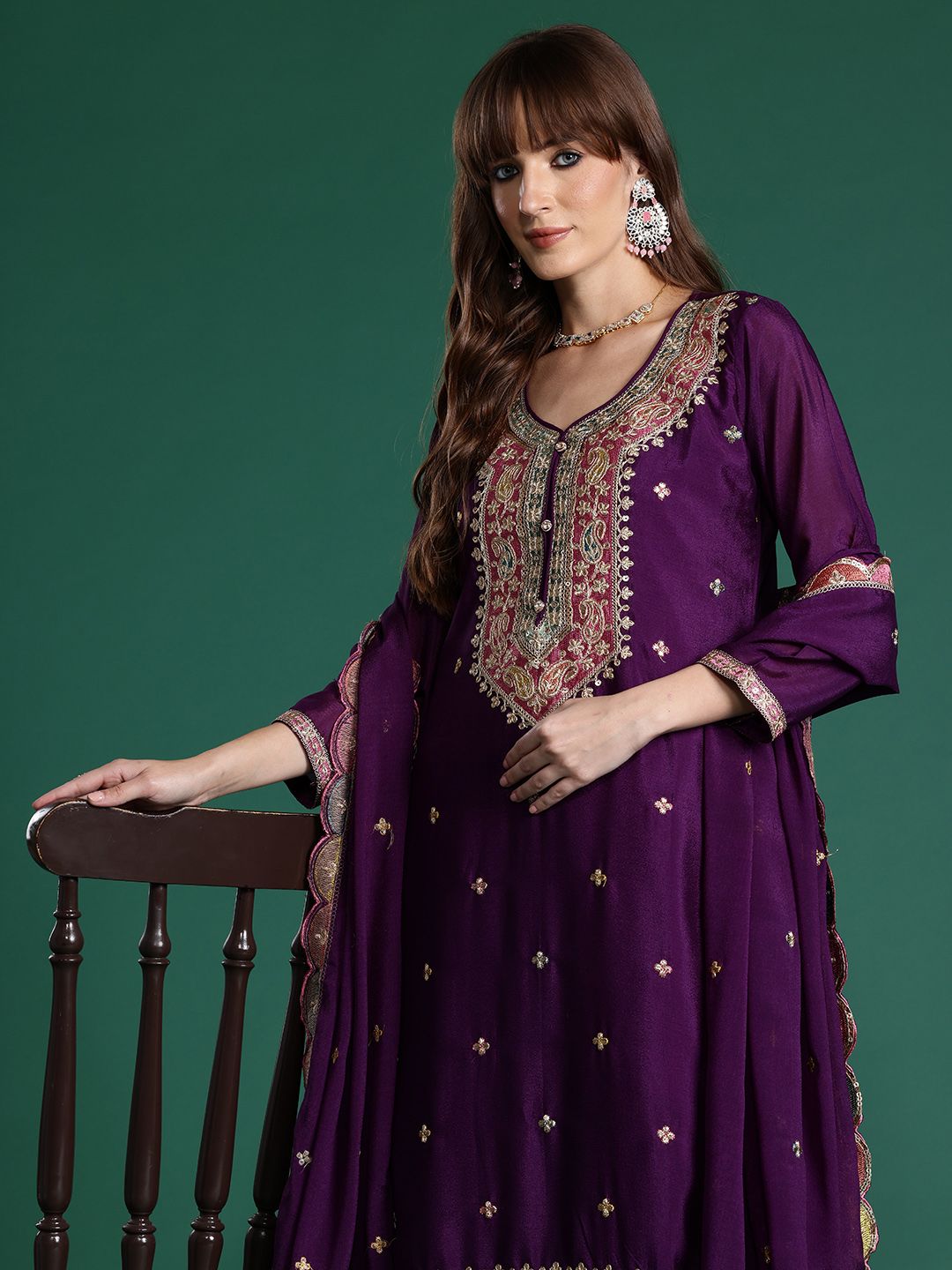 Paisley Embroidered Sequinned Kurta with Palazzos & With Dupatta