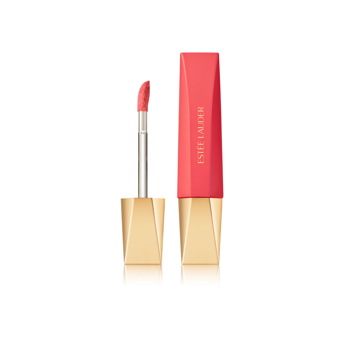 Estee Lauder Pure Color Whipped Matte Lip Color in Hot Fuse, vibrant coral-orange lipstick with smooth, matte finish.