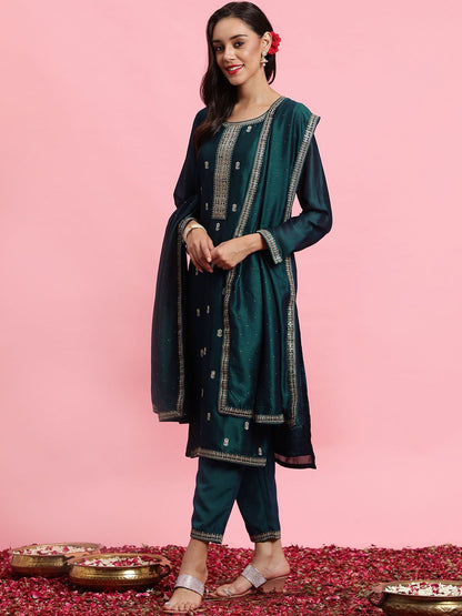 Indyancart IE Embroidered Straight Sequinned Kurta with Trousers & Dupatta