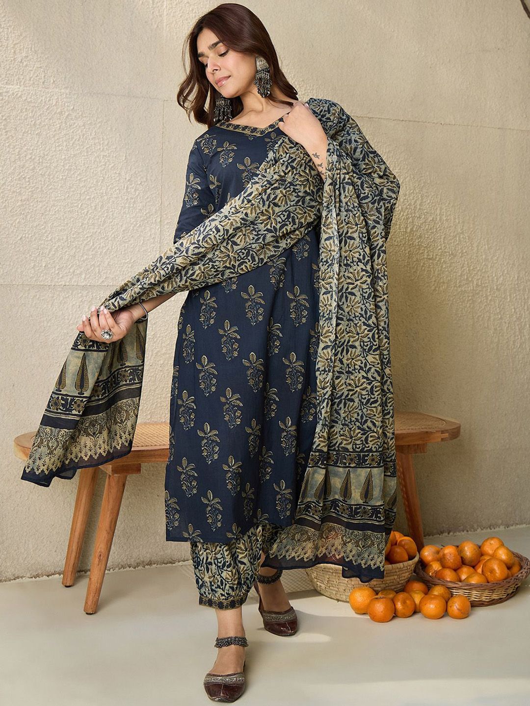 Indyancart IE Floral Printed V Neck Pure Cotton Kurta With Salwar & Dupatta