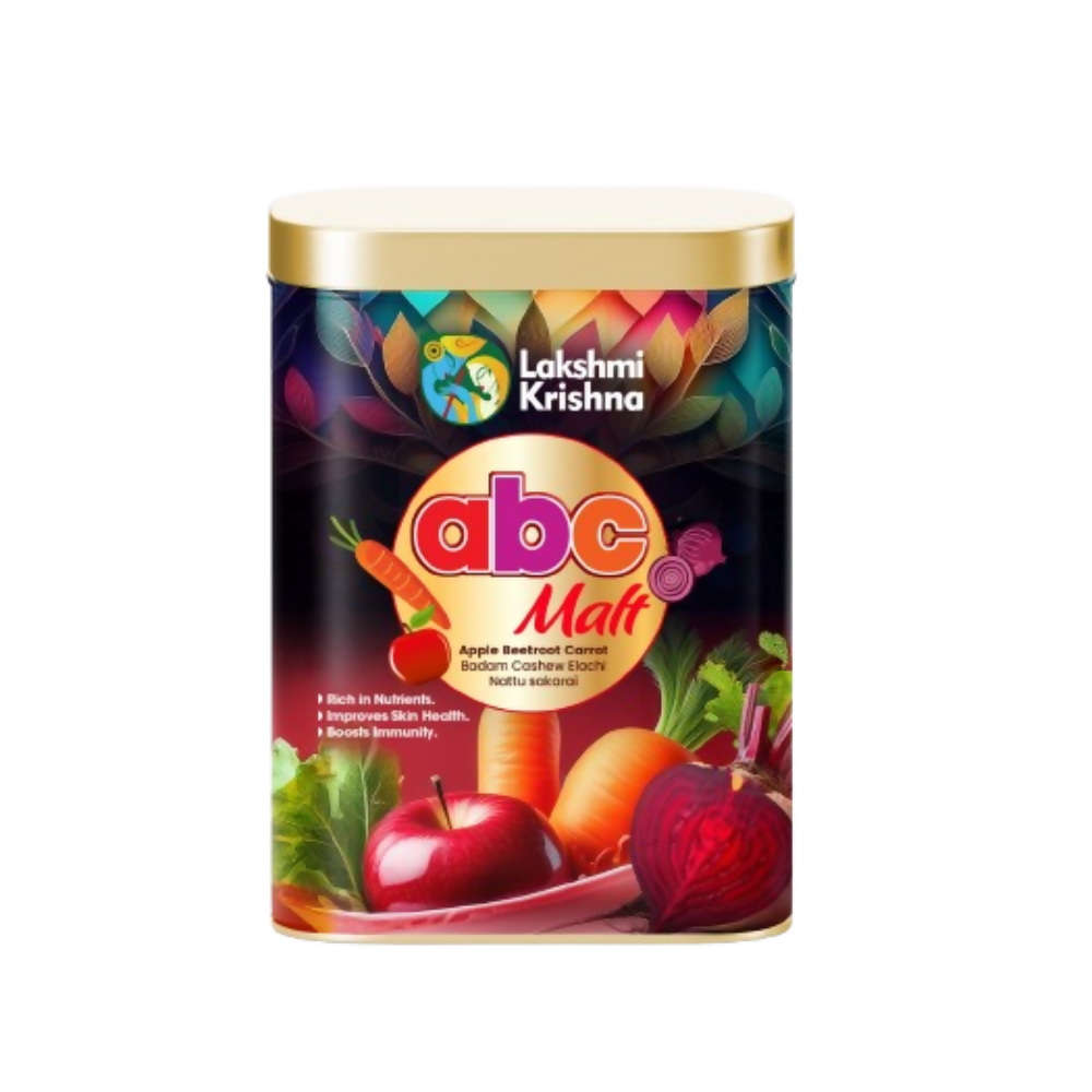 Lakshmi Krishna Naturals ABC Malt Powder in a jar, displaying the Ayurvedic malt powder with a spoon ready for serving.