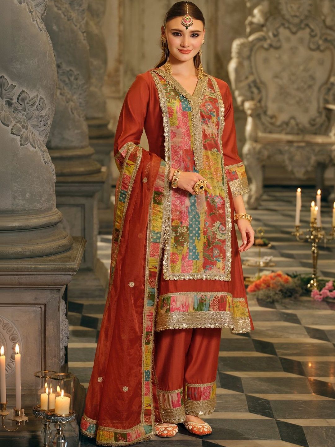 Indyancart IE Women Floral Printed Regular Gotta Patti Kurta with Palazzos & With Dupatta