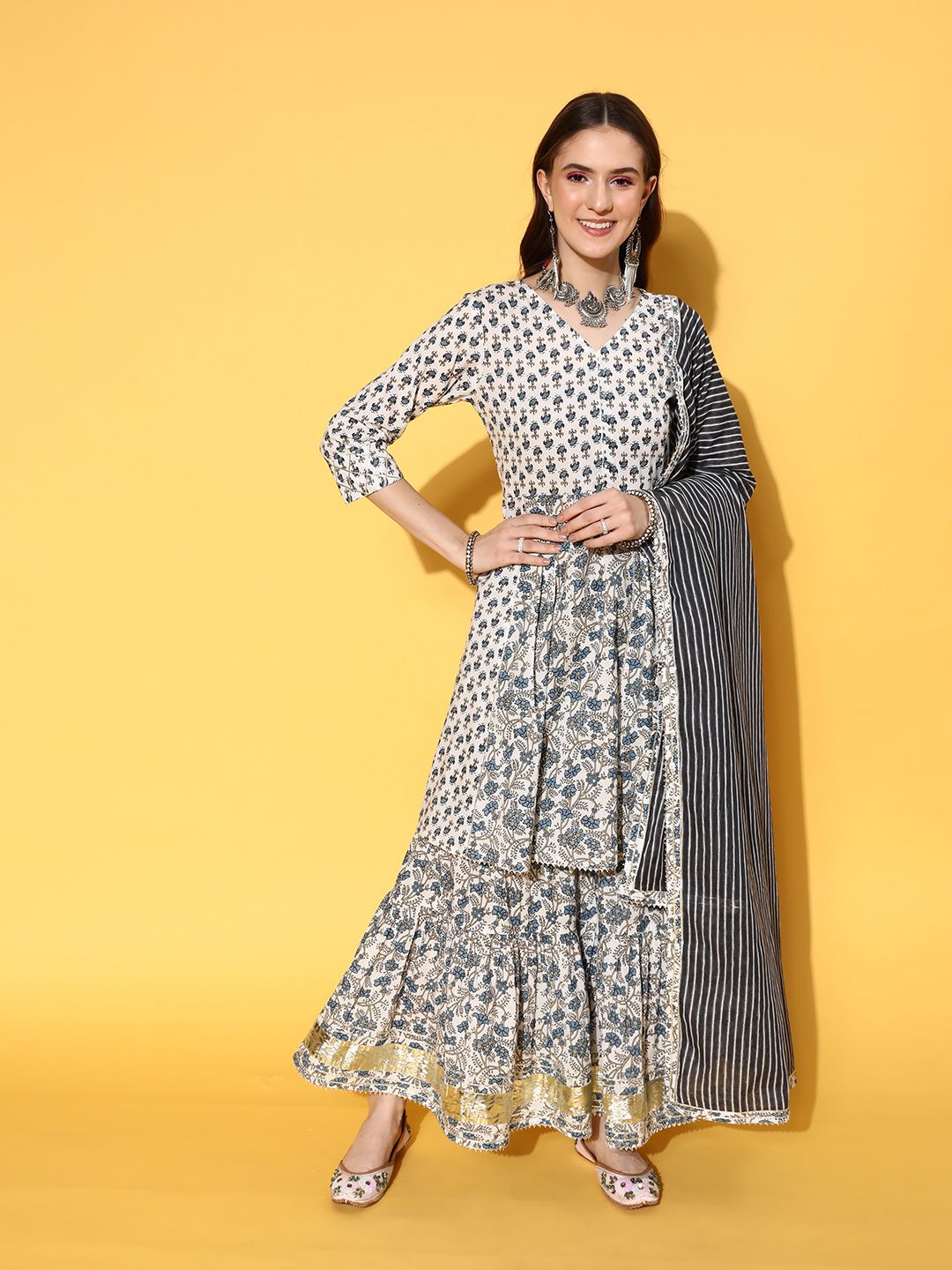 Indyancart VA Women's Floral Printed Empire Pure Cotton Kurta with Sharara & With Dupatta