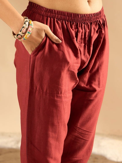 Indyancart IE Women Embroidered Regular Thread Work Chanderi Silk Kurta Trousers Dupatta