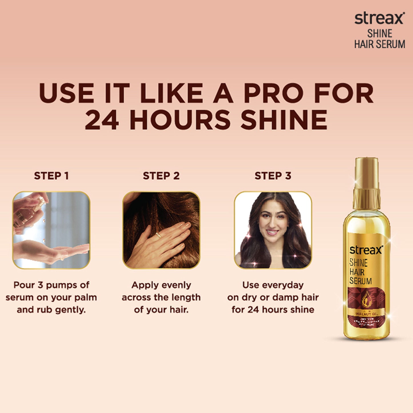 Streax Hair Serum Vitalized with Walnut Oil, For Hair Smoothening & Shine, For Dry & Frizzy Hair
