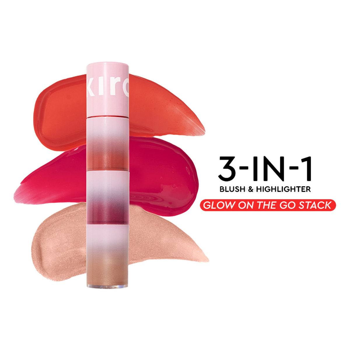 KIRO Glow On The Go 3-in-1 highlighter and blush in shade Sundowner Spritz, with reflective and blush textures visible.