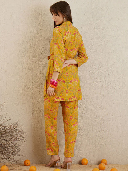 Indyancart IE Floral Printed Shirt Collar Tunic With Trousers