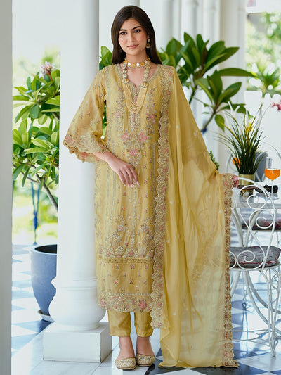 Indyancart IE Ethnic Motifs Embroidered Sweetheart Neck Straight Kurta With Trousers & Dupatta