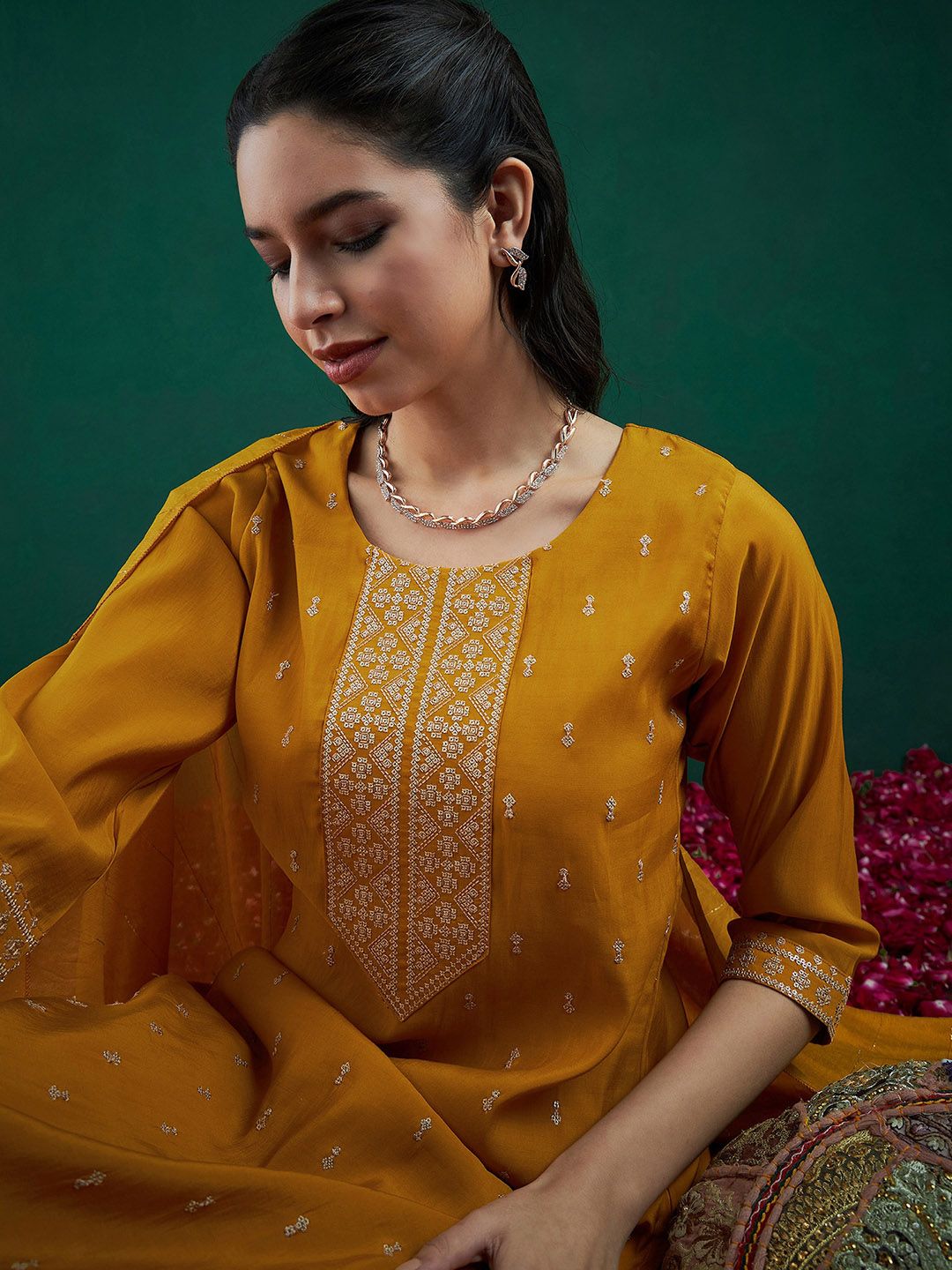 Indyancart IE Embroidered Regular Sequinned Chanderi Silk Kurta With Trousers & Dupatta