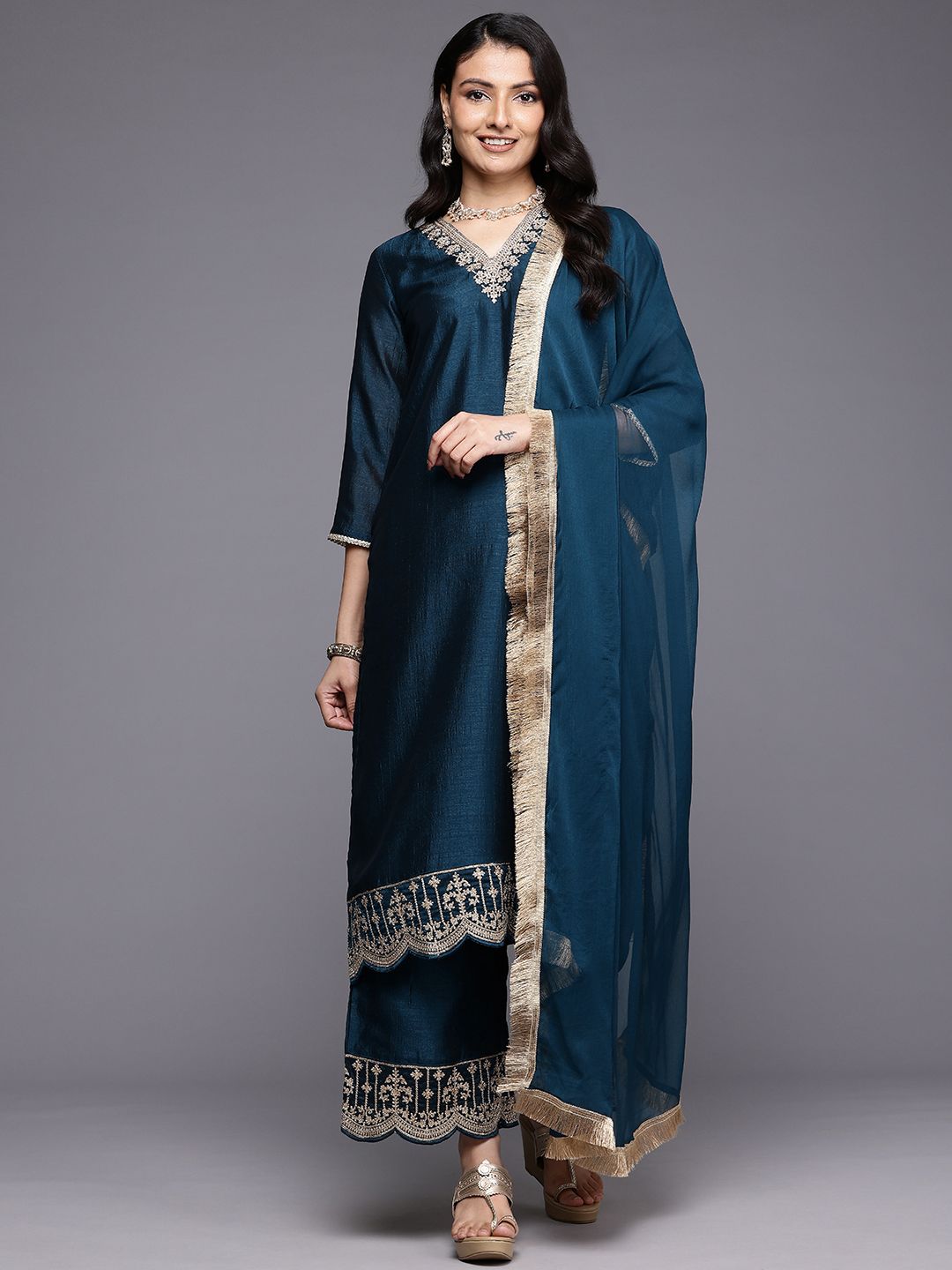 Indyancart VA Ethnic Motifs Embroidered Zari Kurta With Palazzos & Dupatta