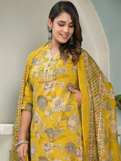 Indyancart VA Women's Floral Printed Regular Mirror Work Pure Cotton Kurta with Salwar & With Dupatta