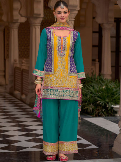 Dhiyona IE Floral Embroidered Notch Neck Mirror Work Kurta With Palazzos & Dupatta