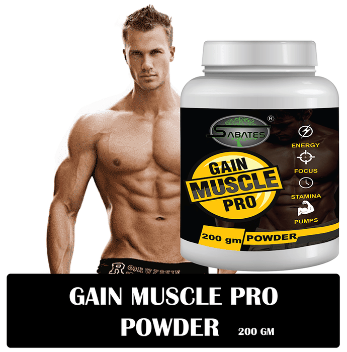 Sabates Gain Muscle Pro Powder in a health drink container, showing the product label and packaging for muscle gain.