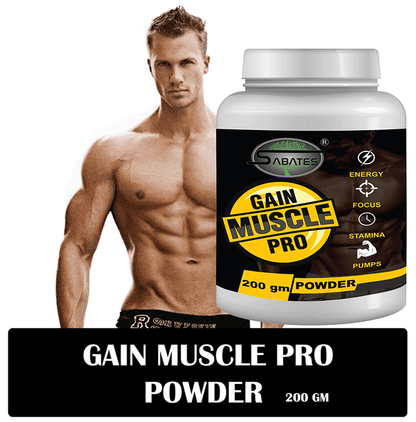 Sabates Gain Muscle Pro Powder in a health drink container, showing the product label and packaging for muscle gain.