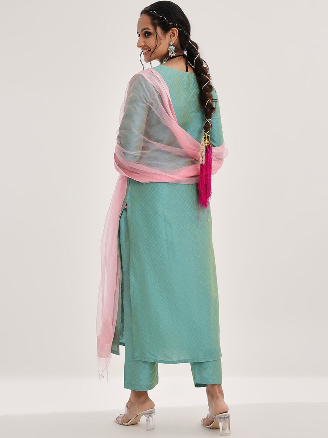 Indyancart VA Women'sFloral Yoke Design Gotta Patti Kurta & Trousers With Dupatta