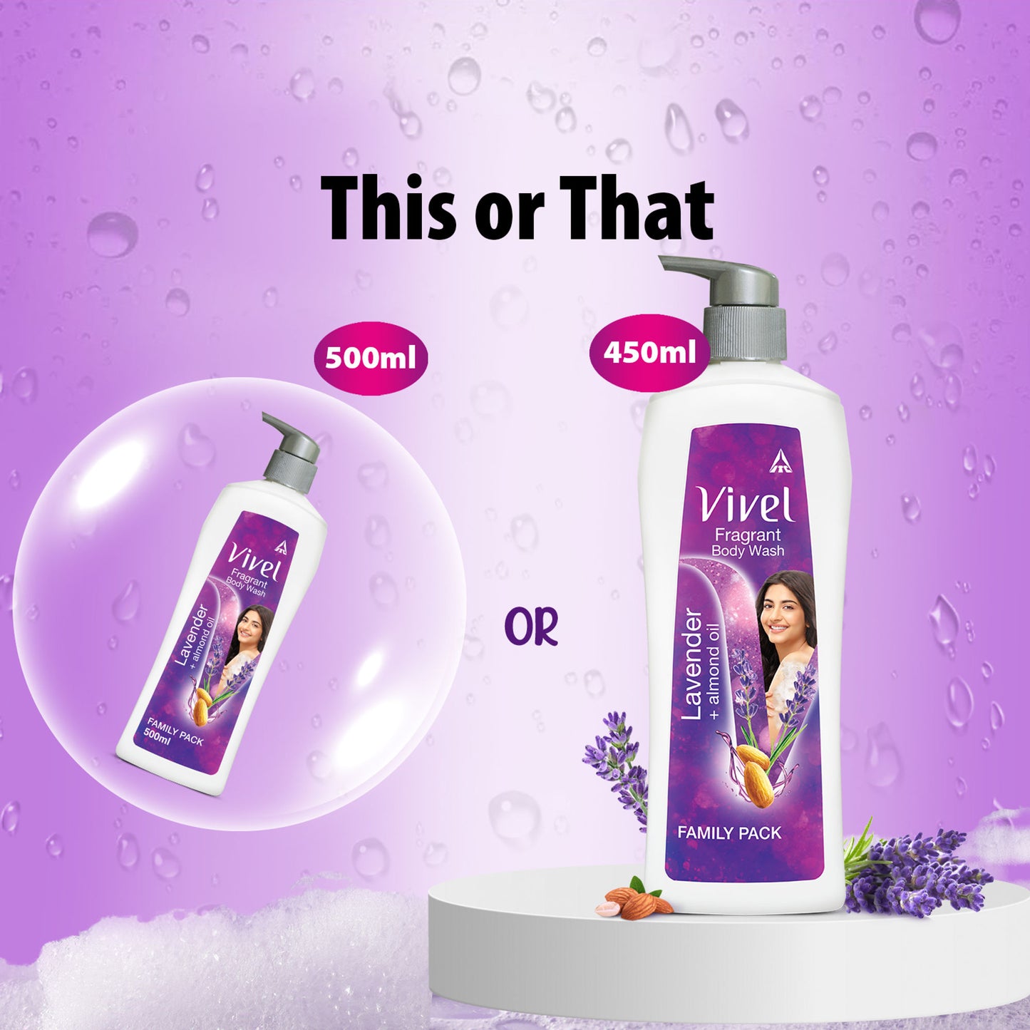 Vivel Moisturizing Fragrant Body Wash Lavender & Almond Oil Pump Bottle Shower Gel