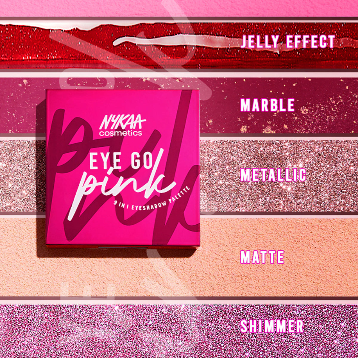 Nykaa Cosmetics Eye Go Pink 9-in-1 blendable multi-texture eyeshadow palette with pink shades and various finishes.