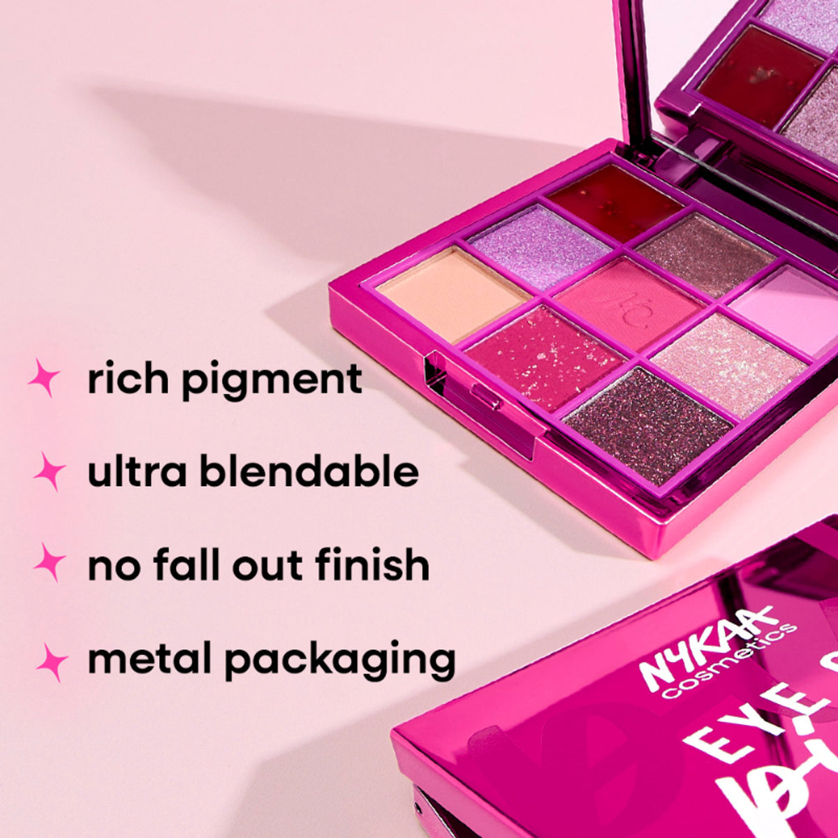 Nykaa Cosmetics Eye Go Pink 9-in-1 multi-texture eyeshadow palette with pink shades and blendable textures displayed open with brushes