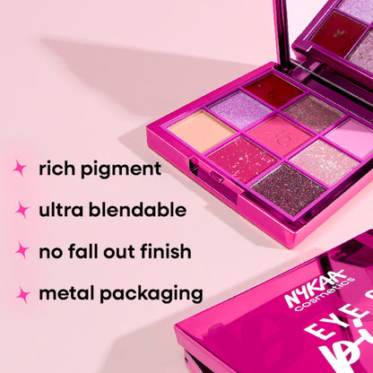 Nykaa Cosmetics Eye Go Pink 9-in-1 multi-texture eyeshadow palette with pink shades and blendable textures displayed open with brushes